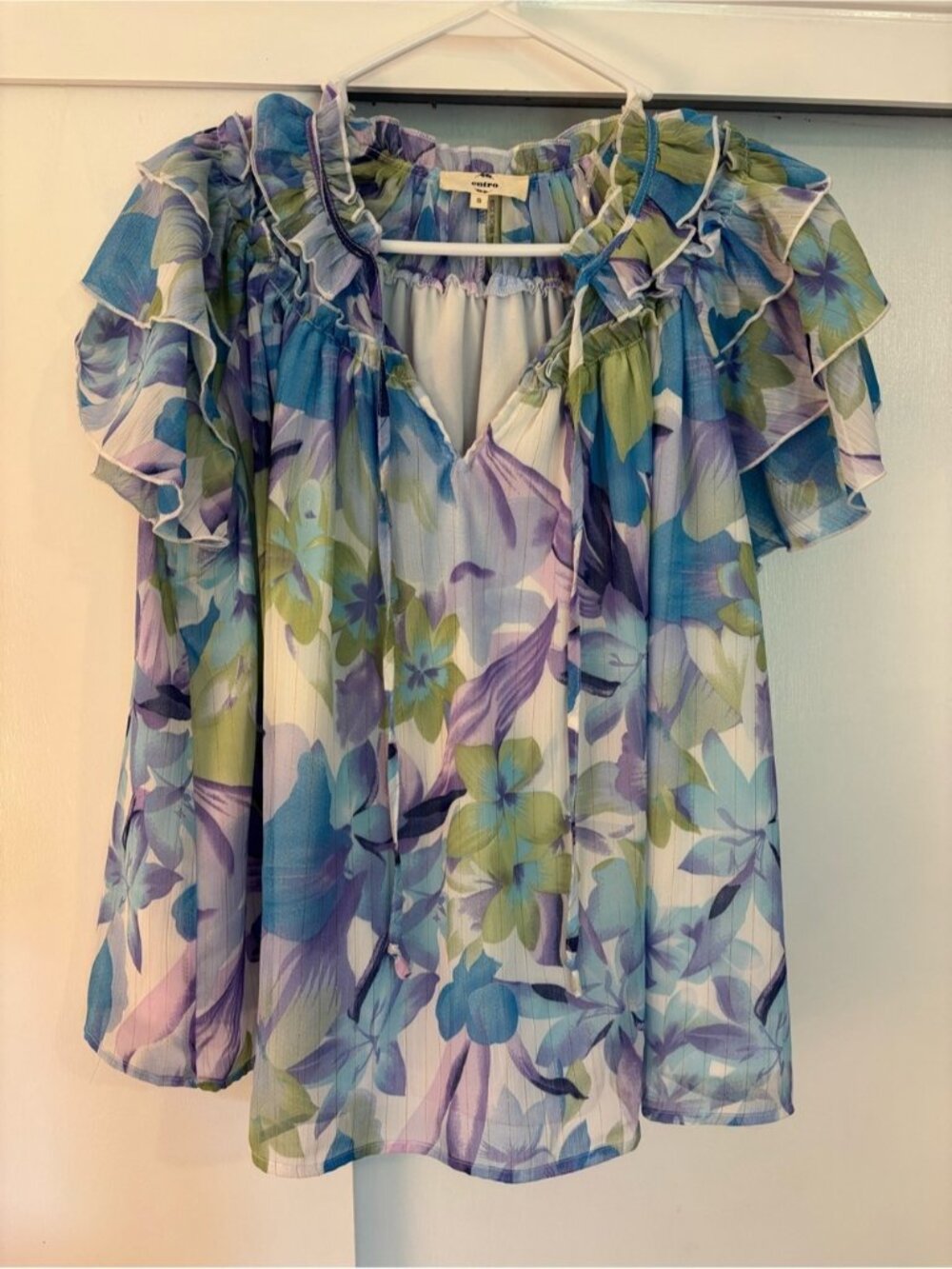 entro Floral Ruffle-Sleeve Blouse in Blue, Lavender & Green